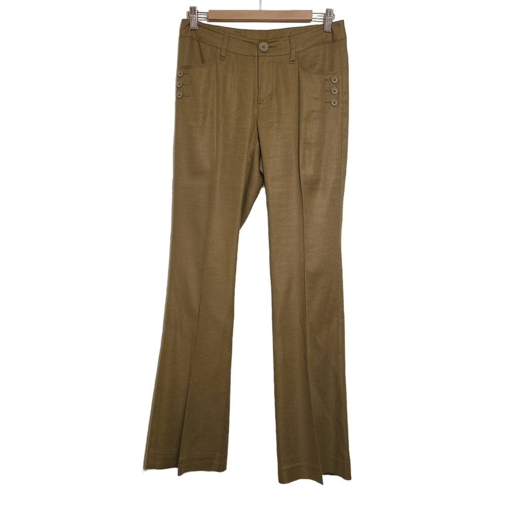 Cabi | Women's Olive Green Linen Blend Flare Legged Pants or Slacks (Size 2)